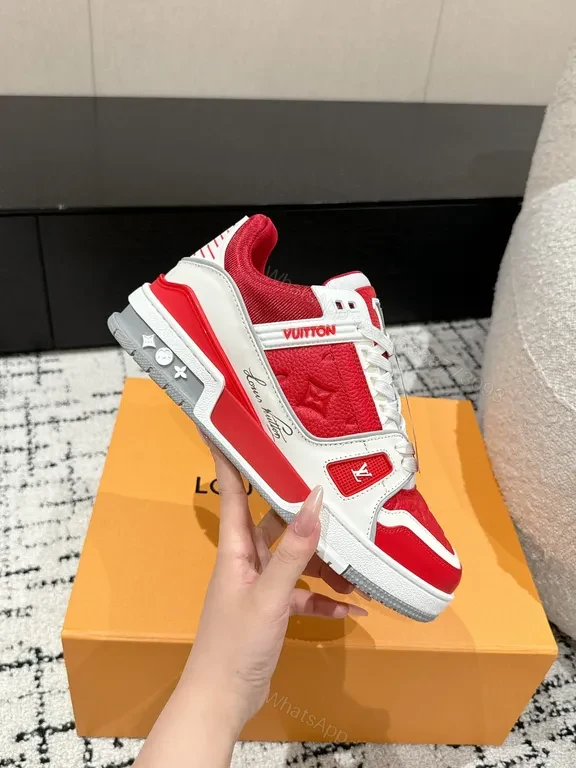 View 6 of Bold Red-White Luxe High-Top Sneaker with LV-Inspired Details