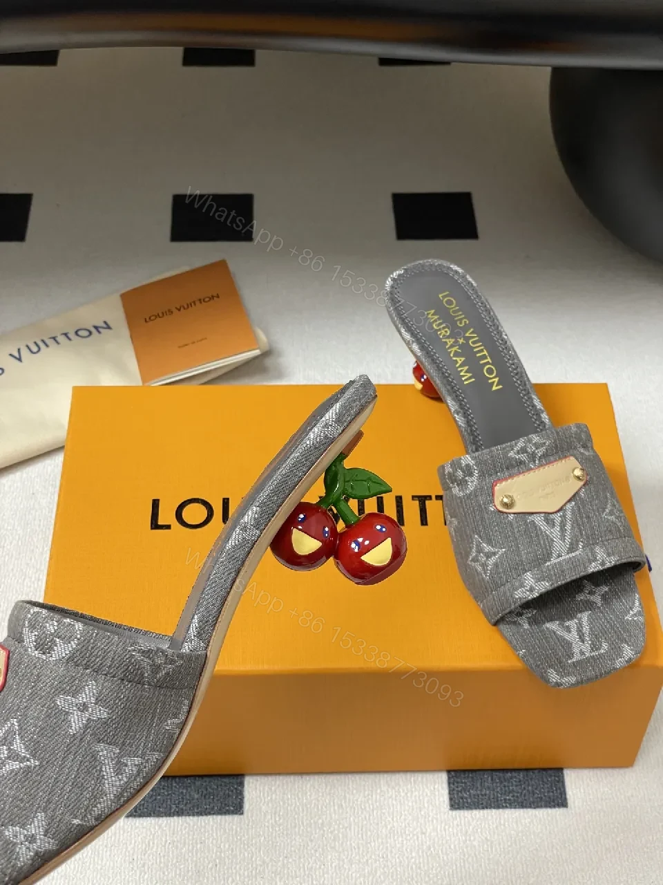 View 3 of Grey Velvet Monogram Mules with Leather Accents: Elevated Comfort