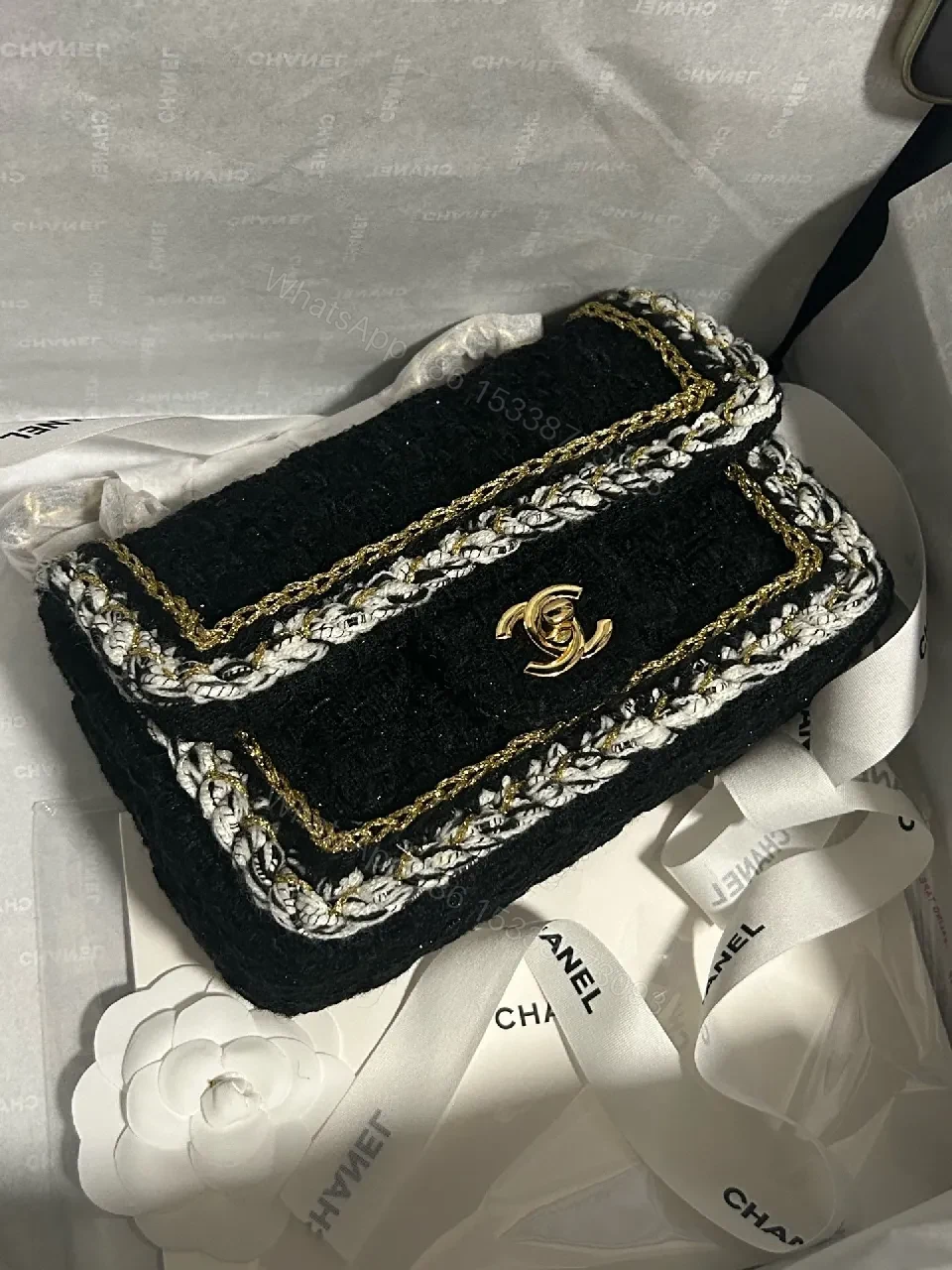 View 9 of Velvet Flap Bag with Gold-Edge Chain Detailing