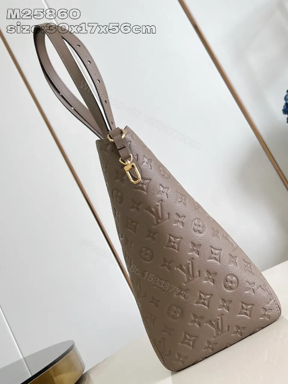 View 4 of Taupe Leather Tote: Structured Modern Monogram with Secure Hardware
