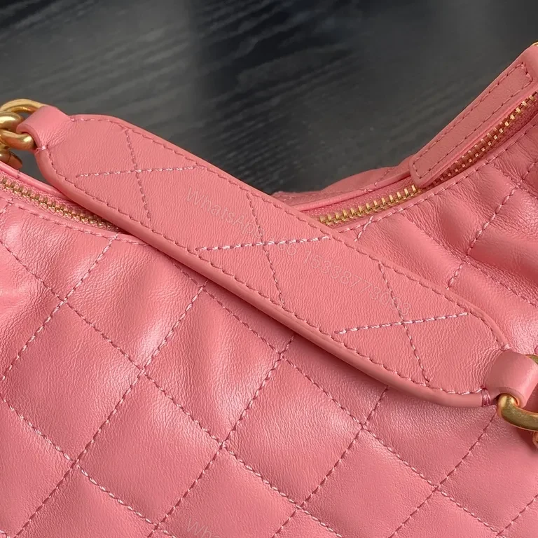 View 3 of Pink Quilted Leather Shoulder Bag with Gold Chain - Chic Luxury