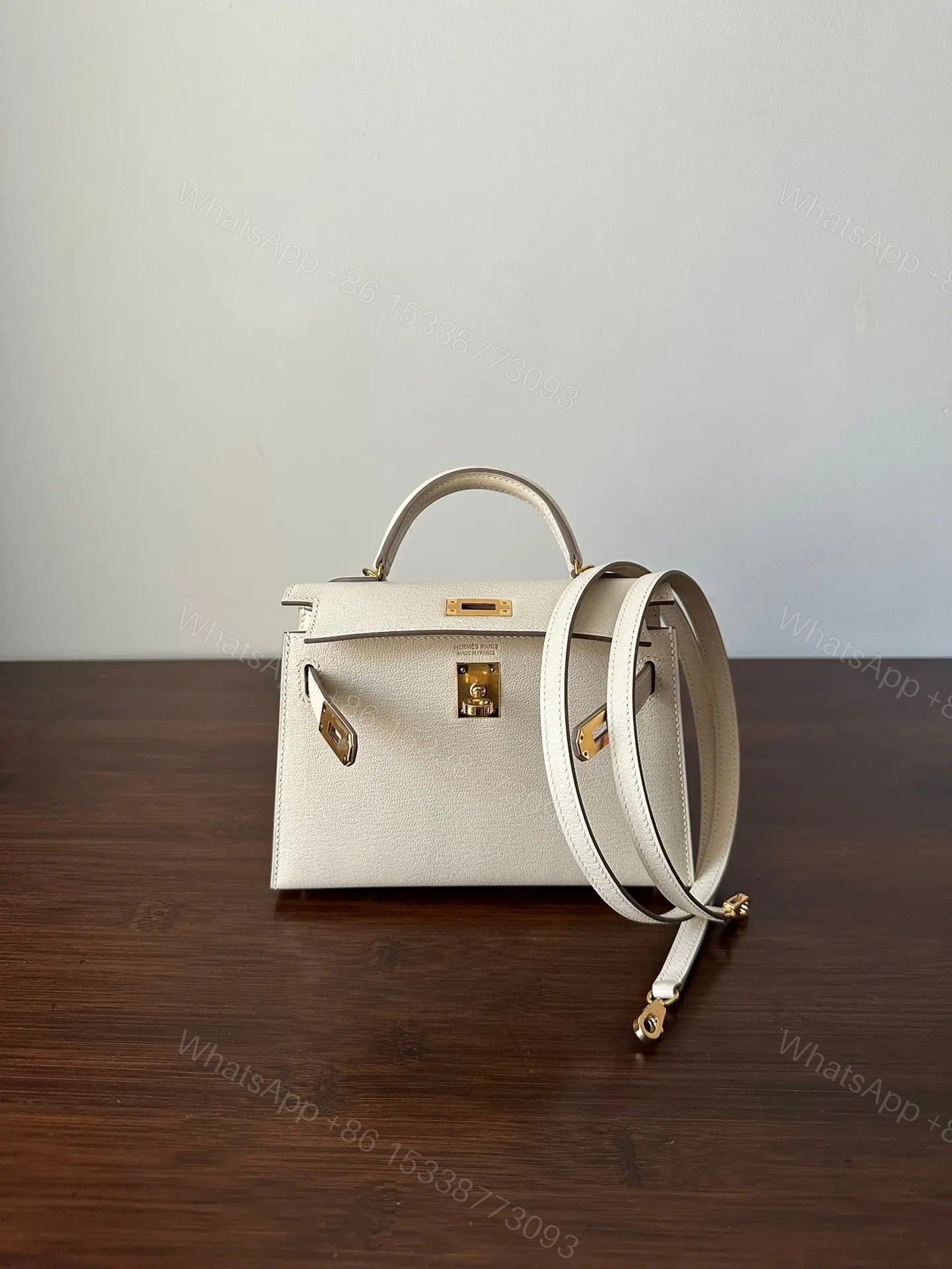 View 3 of HM KELLY MINI 20 WHITE CHEVRE GOLD HARDWARE