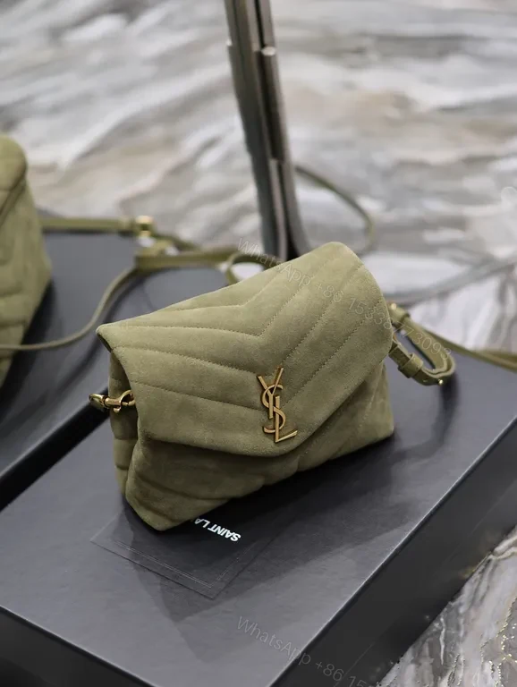 View 5 of Olive Suede Quilted Crossbody with Gold YSL Logo