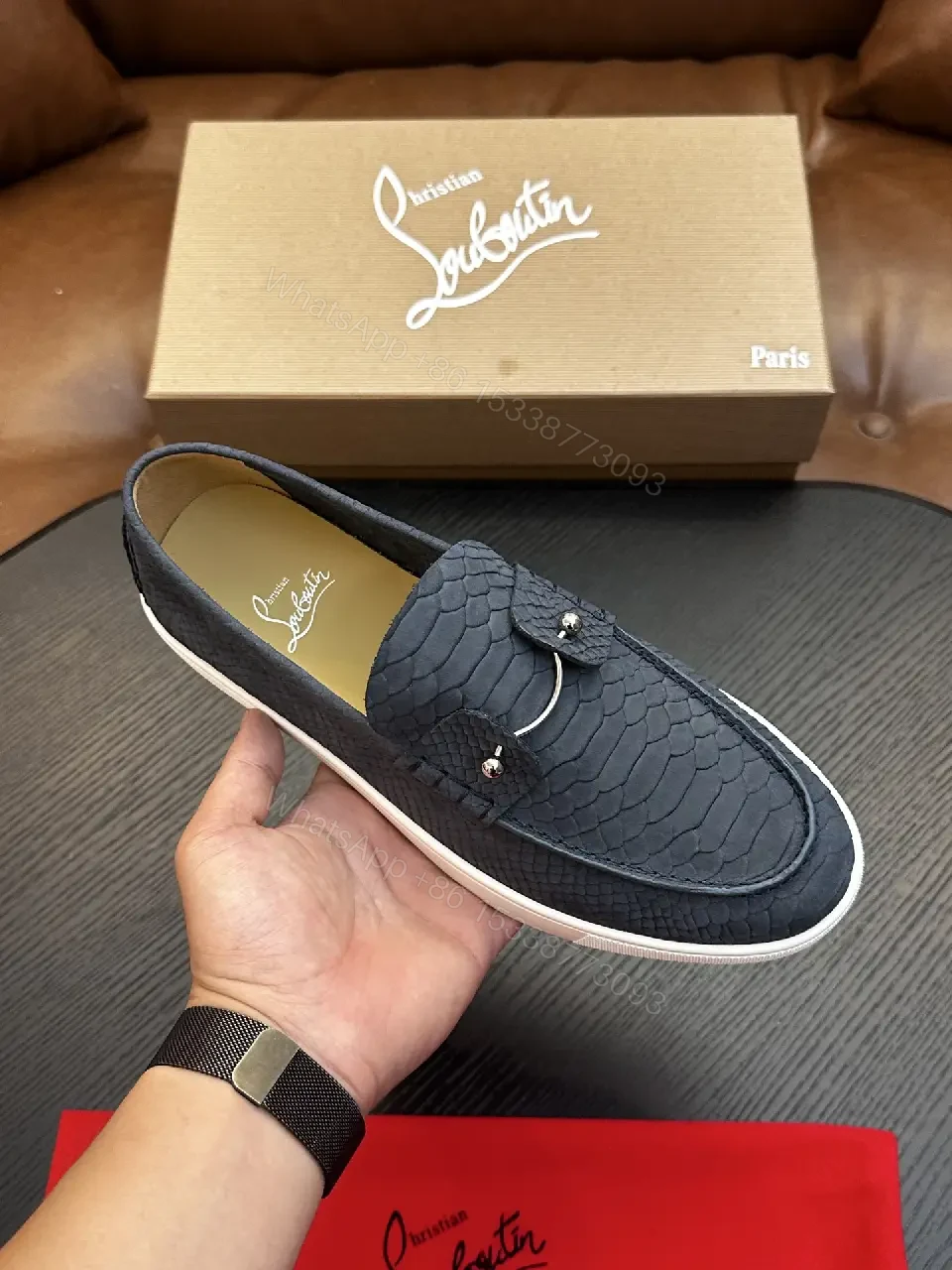 View 9 of black crocodile-embossed leather loafer with tassel slip-on for everyday luxury