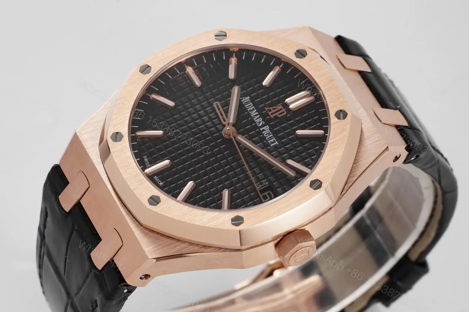 View 3 of BF Factory Audemars Piguet Royal Oak 15500 Rose Gold Black Dial Black Leather Strap Watch