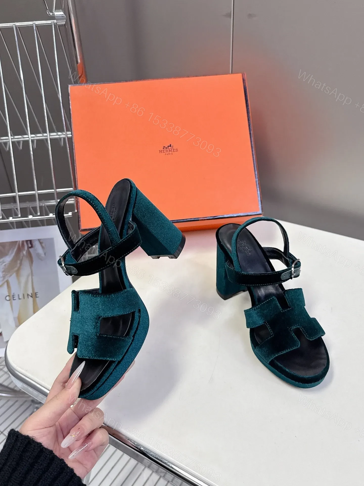 View 5 of Hermes Women Dark Green Suede Sandals