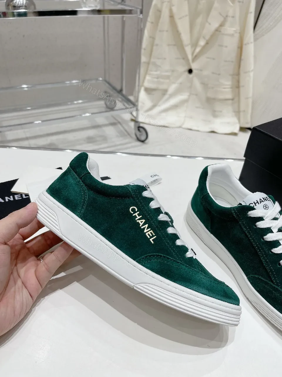 View 2 of Green Suede Sneakers with Signature Detailing, Luxe Casual Wear