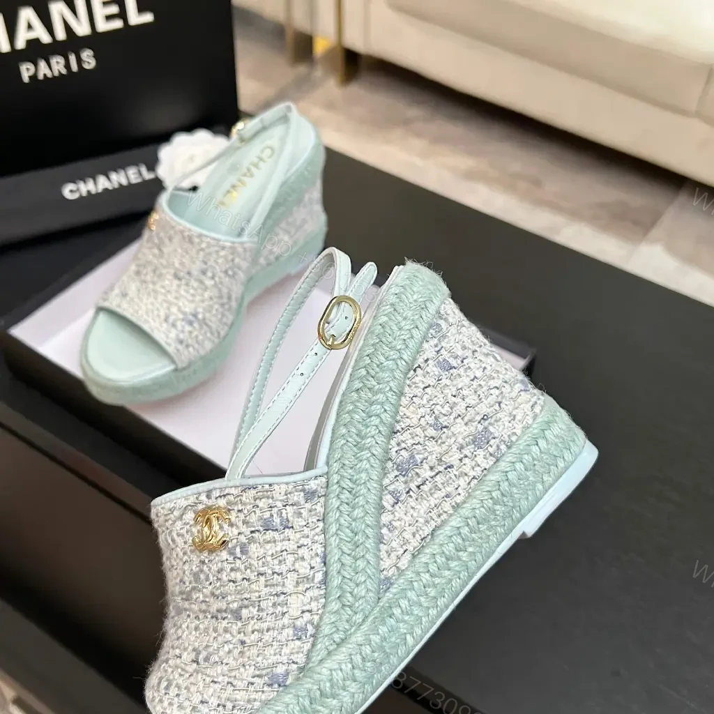 View 2 of Mint Boucle Espadrille Wedges – Platform Comfort, Logo Detail