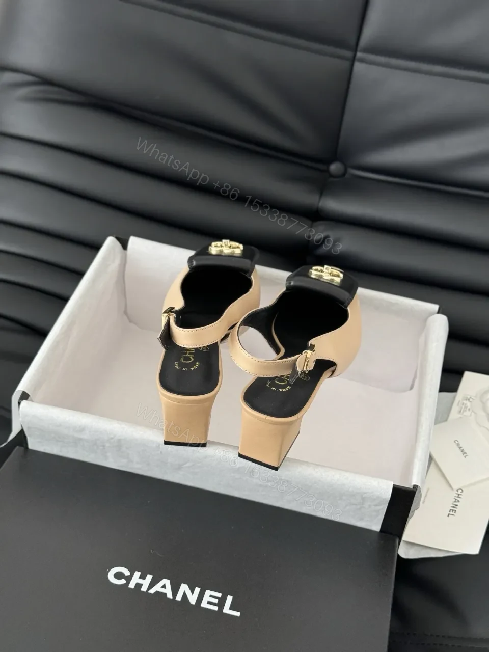 View 5 of Nude-Black Two-Tone Leather Slingback Sandals, Luxe Comfort
