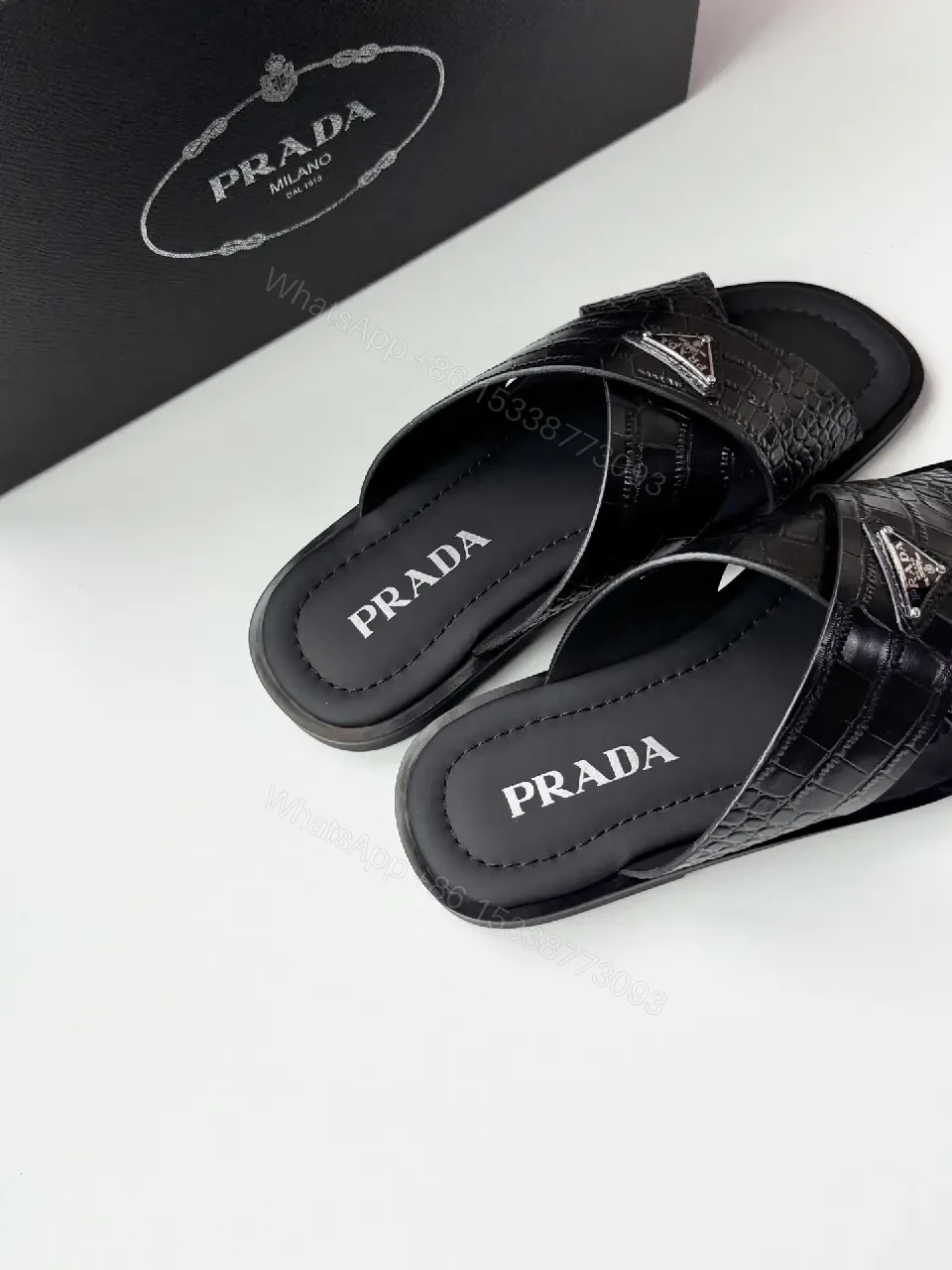 View 2 of Black Leather Quilted Prada Slides, Wide Strap, Luxury Sandals