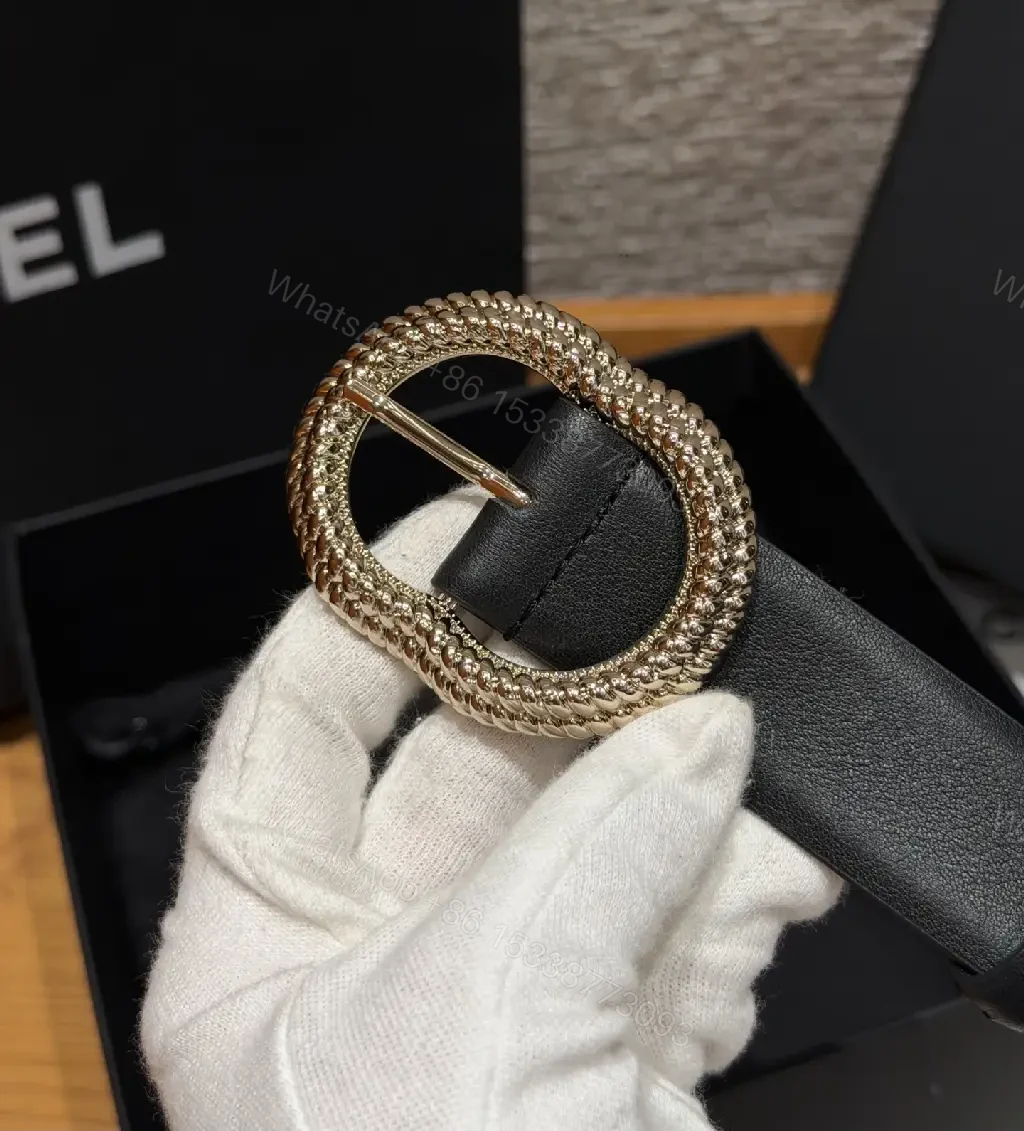 View 8 of Black Leather Belt Luxury Crystals Oval Buckle with Chanel Logo