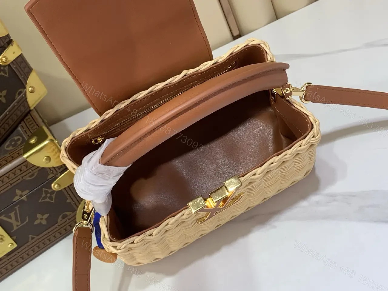 View 4 of Light Beige Straw Tote Bag with Leather Handles & Gold LV Charm