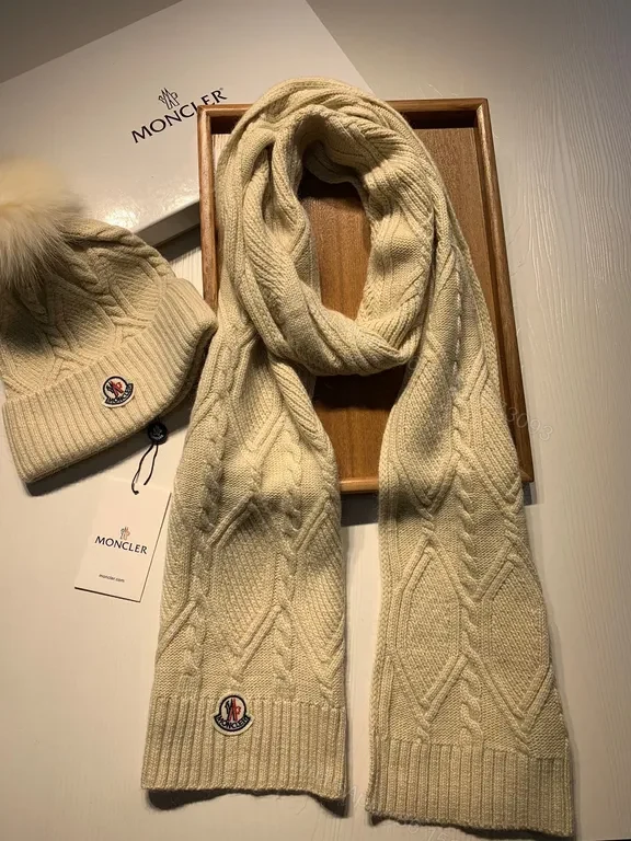 View 4 of Ivory Wool-Blend Moncler Beanie & Scarf Set, Cable Knit