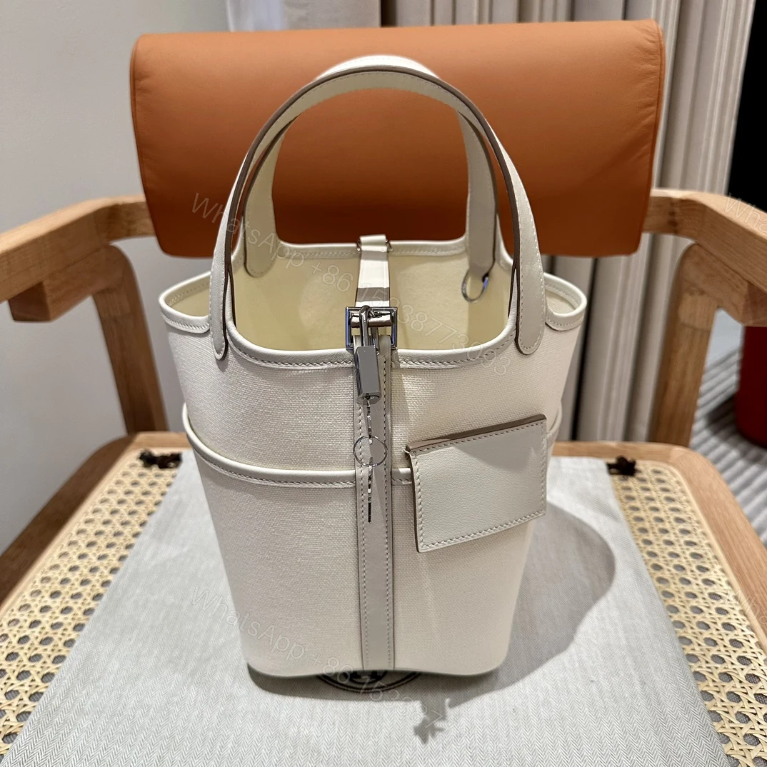 Hermes 一比一 女款 Picotin Lock 帆布拼皮手提包 米白色氣質款 — view 1