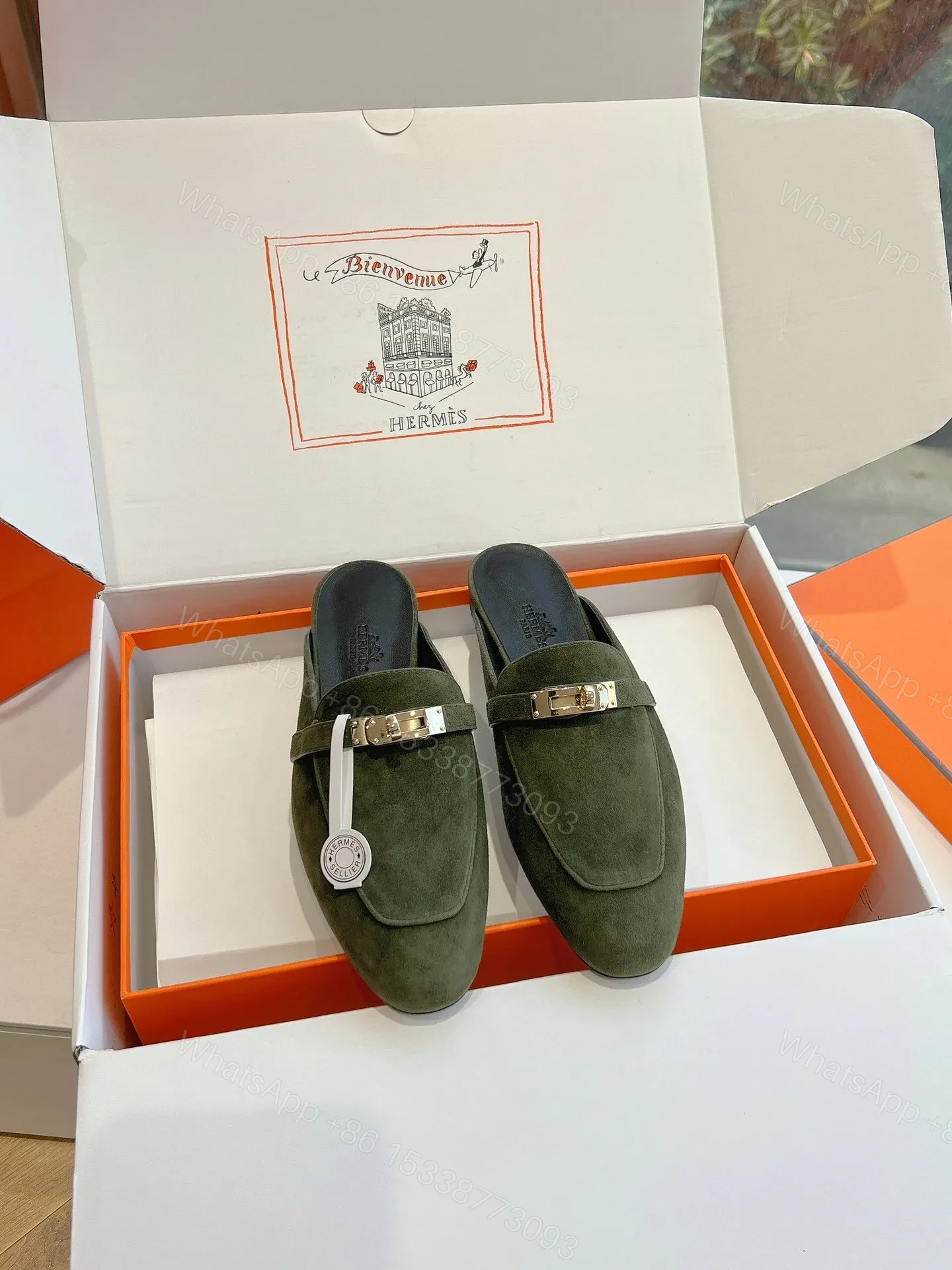 View 3 of Hermes Women Green Suede Mules