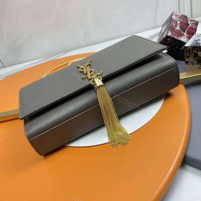 View 2 of Compact Luxury Crossbody: Soft Grain Leather, Gold YSL Logo Tassel