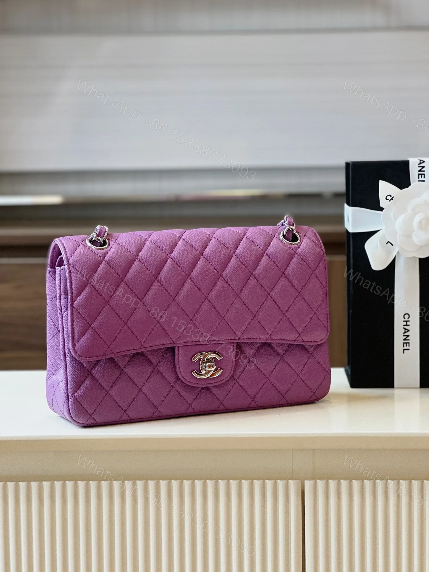View 2 of Chanel Classic Handbags Woman’s Purple Lock Silver 25cm