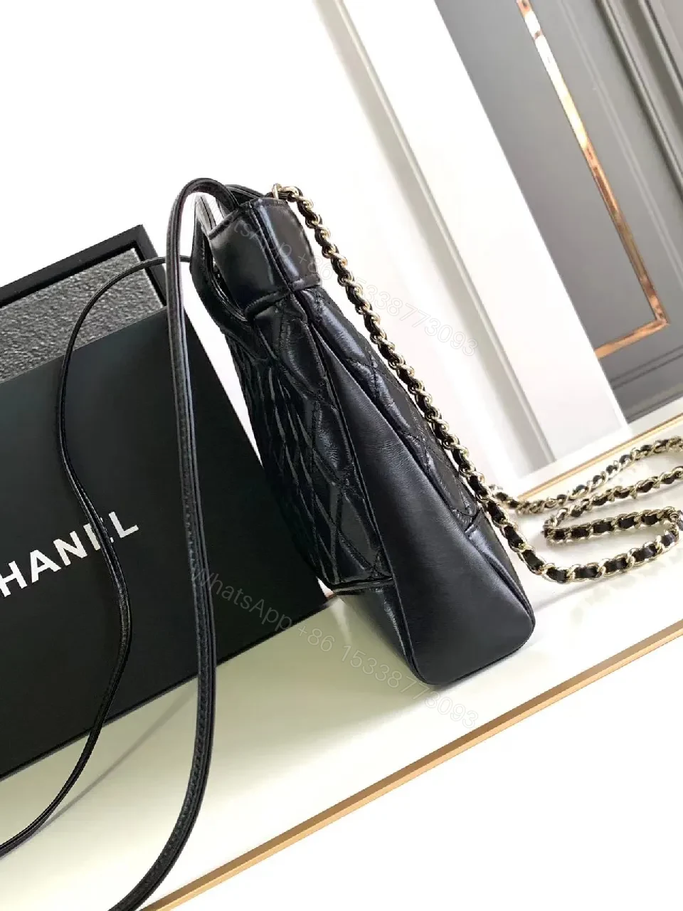 View 2 of Quilted Leather Handbag: Black, Gold Chain, Luxe Everyday Style