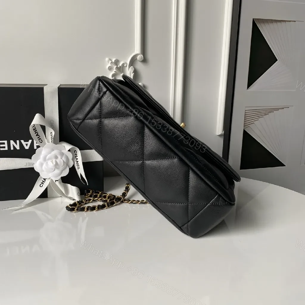 View 4 of Compact Quilted Black Chain Bag - Gold Hardware