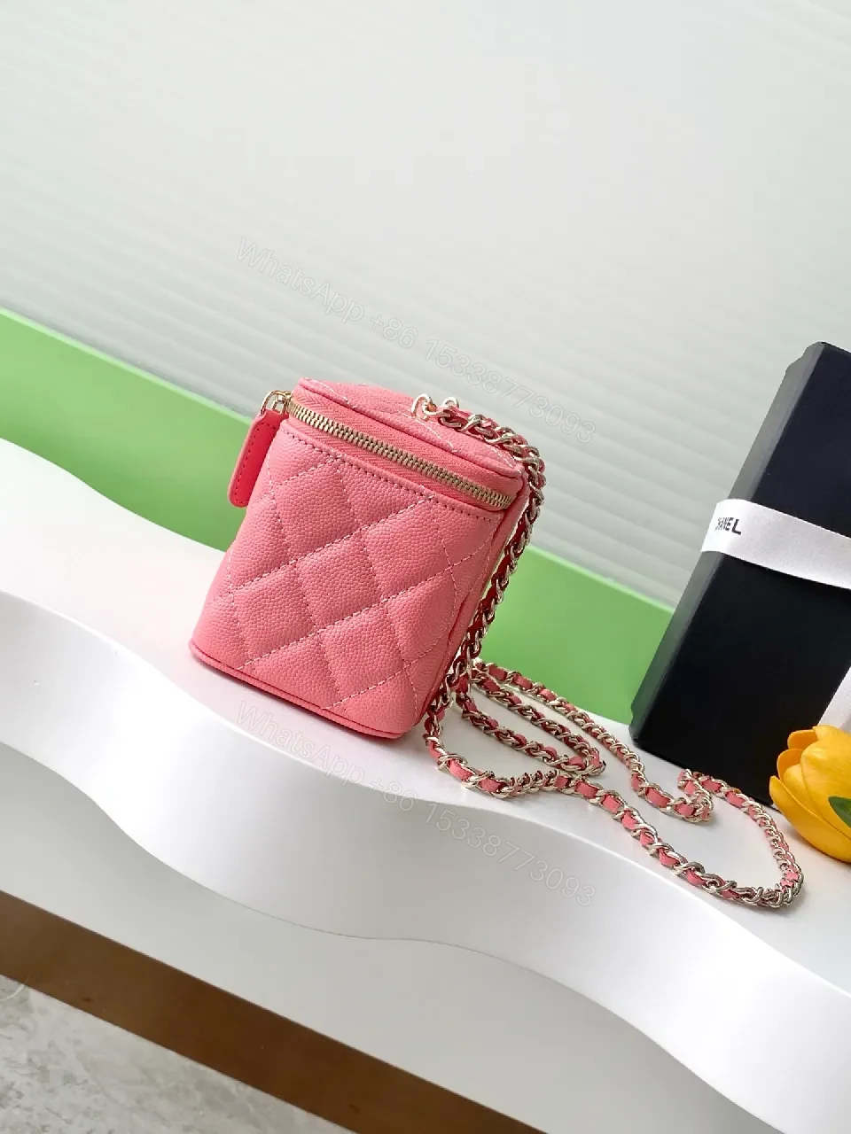 View 8 of Pink Quilted Crossbody with Gold-Tone Hardware