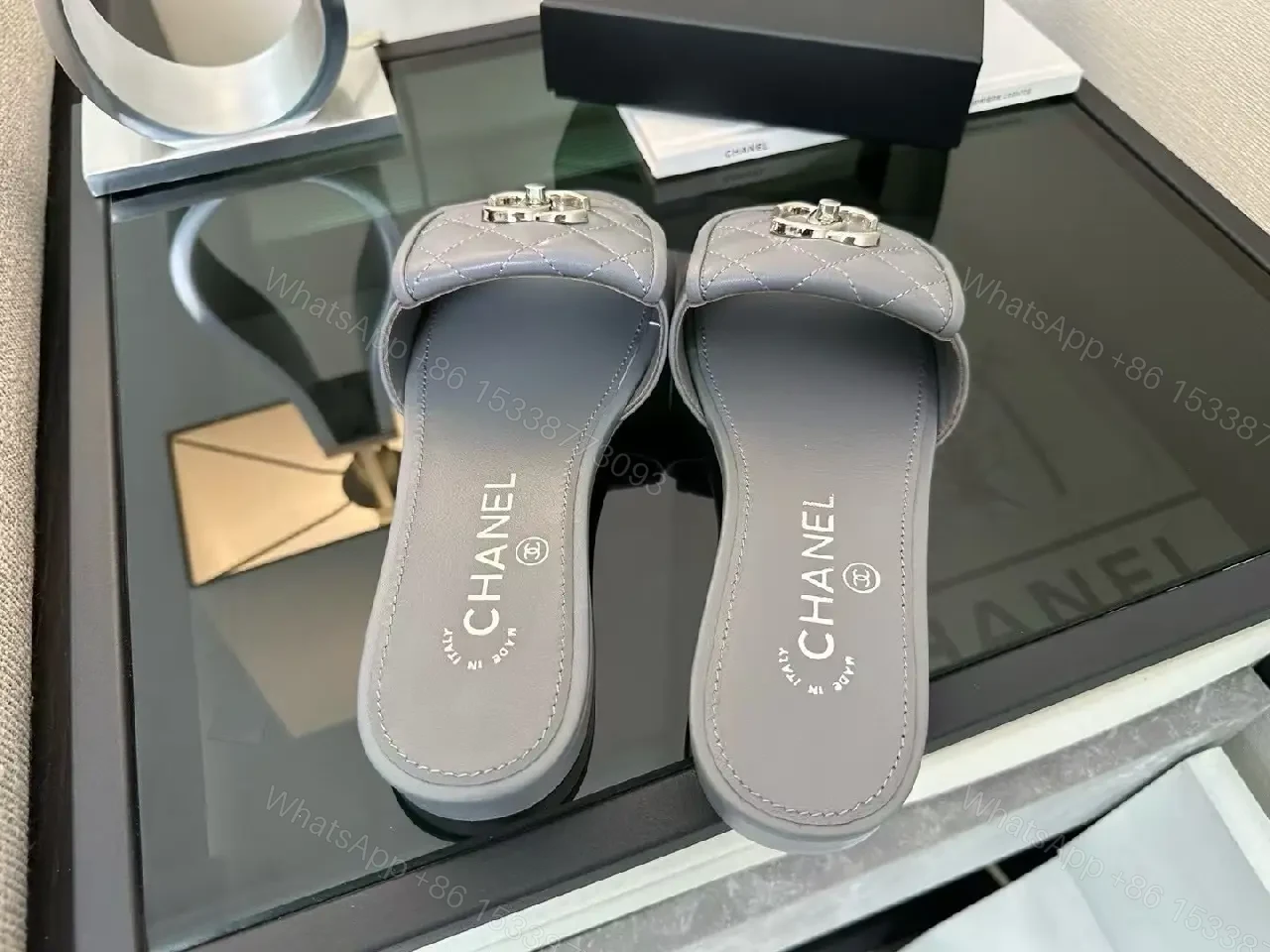 View 4 of Quilted Gray Slip-Ons: Luxe Comfort Slide with Hardware