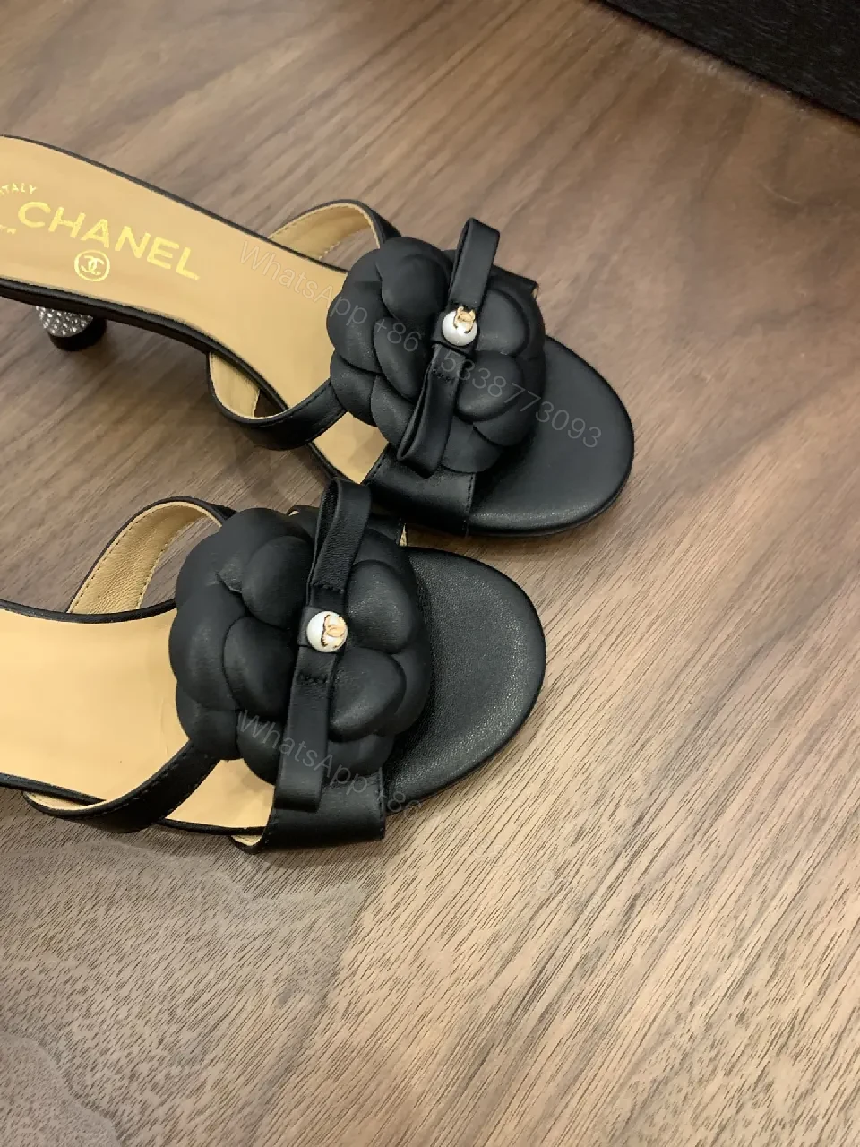 View 5 of Black Satin Slide with Floral Appliqué, Luxe Casual Slide
