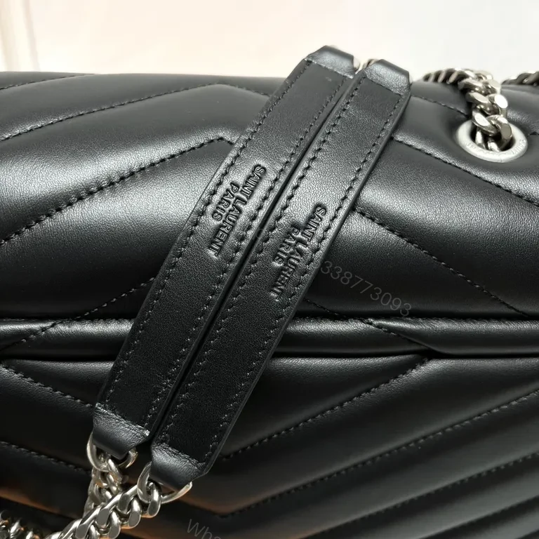 View 9 of Quilted YSL-Style Messenger Bag - Black Leather, Luxe Hardware