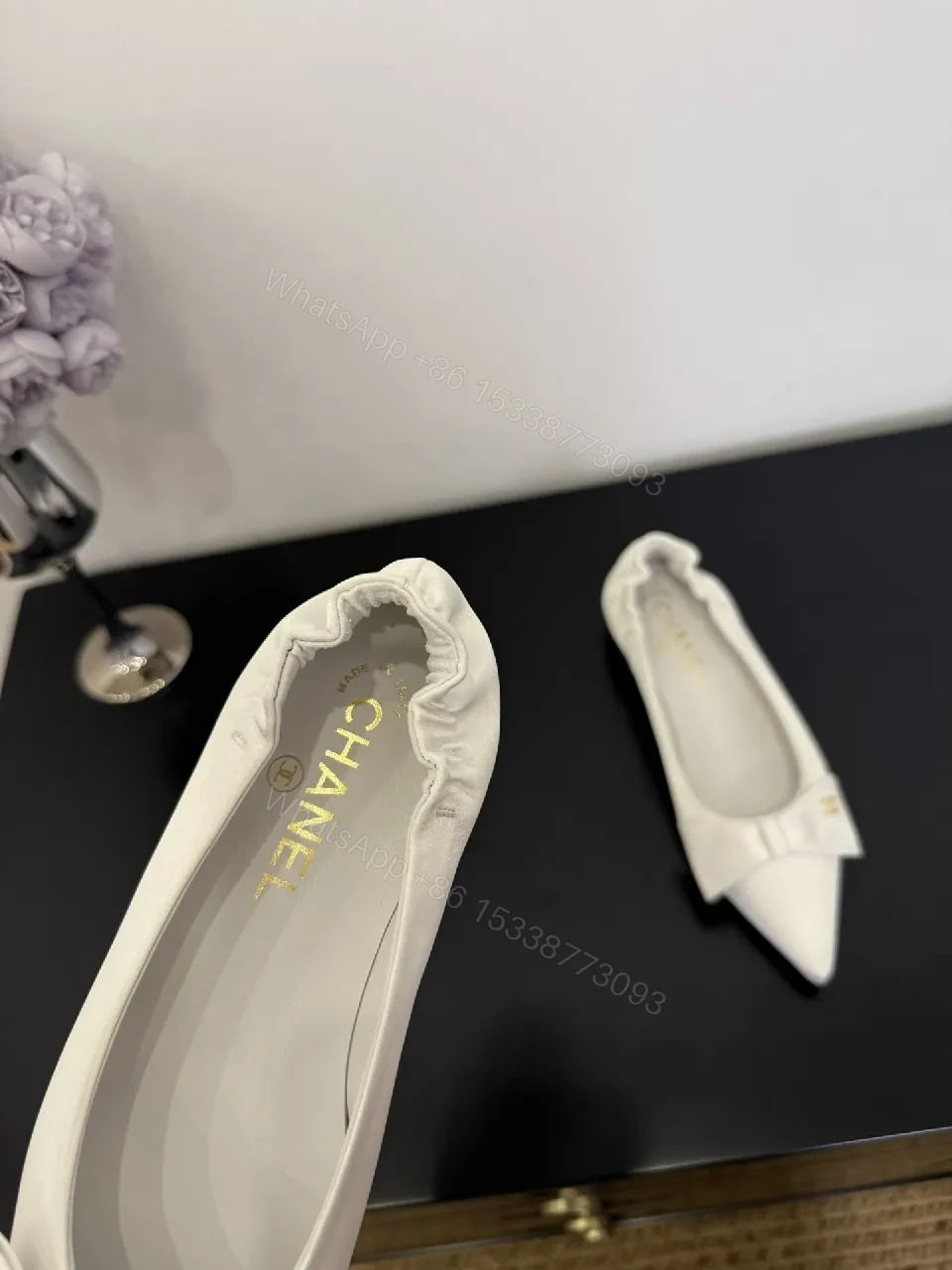 View 7 of White Textured Pointed-Toe Pumps with Bow, Luxury Flat