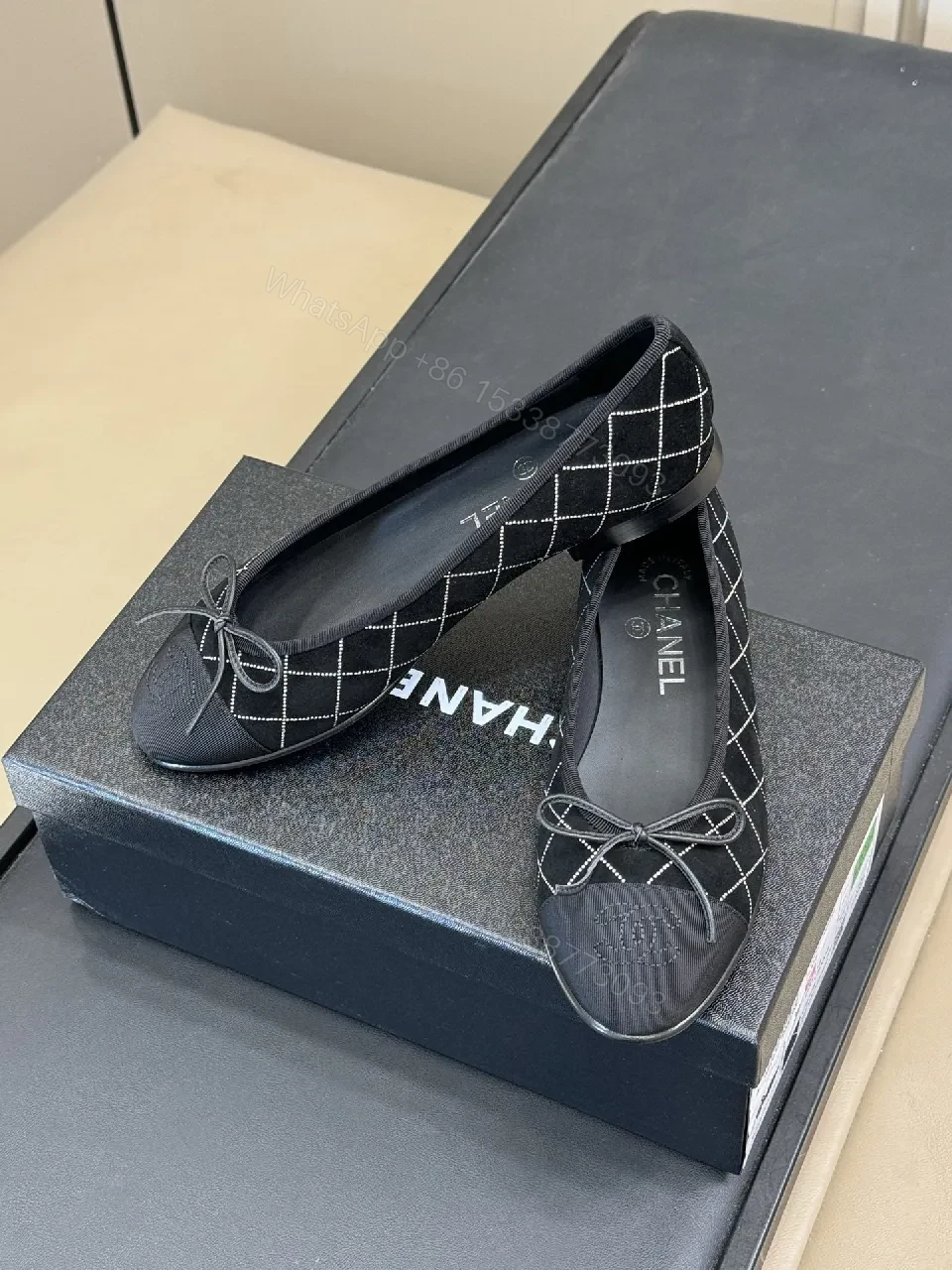 Black Diamond-Grid Ballet Flats, Flat-Soled Comfort — view 1