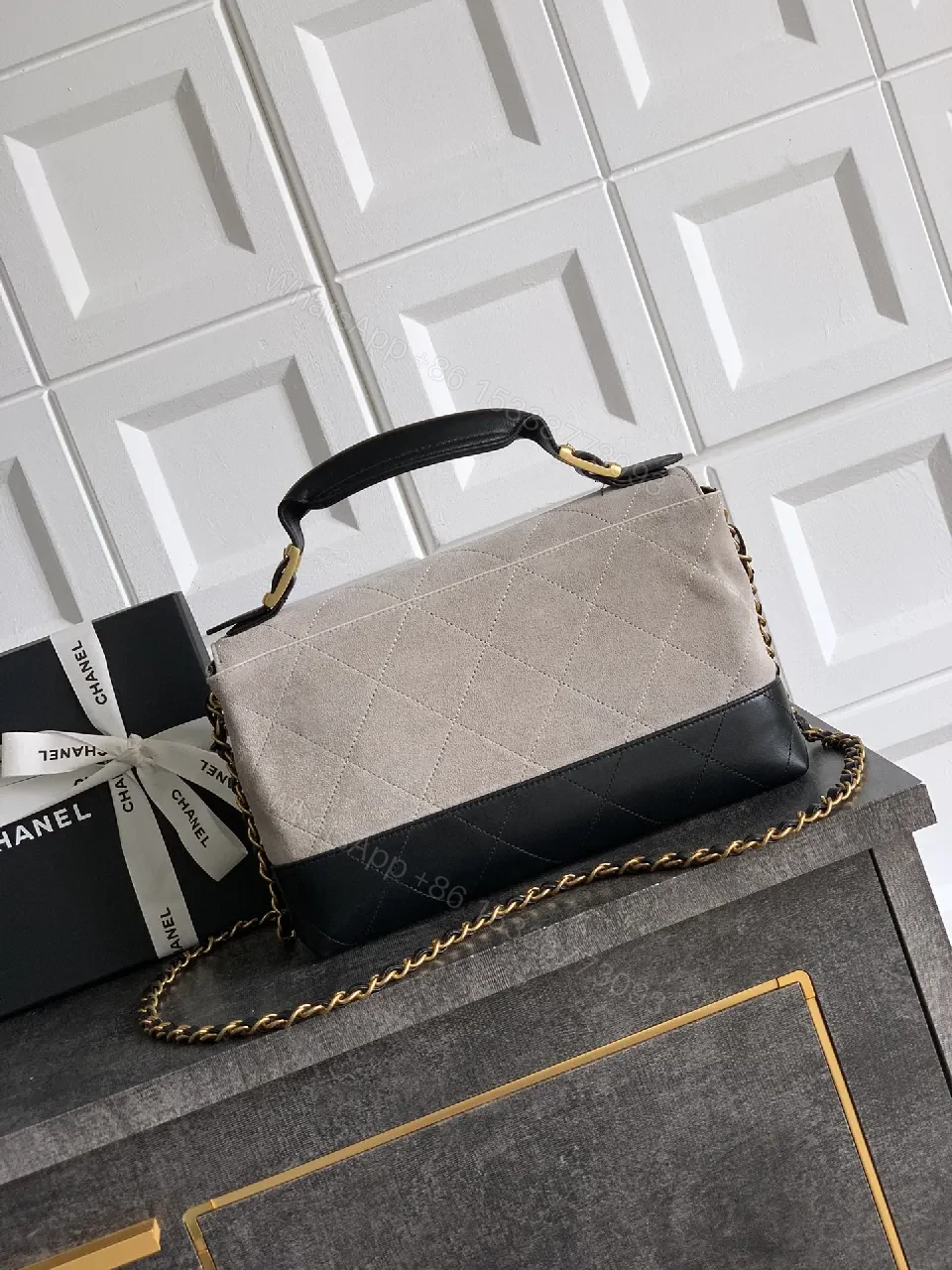 View 3 of Two-Tone Quilted Flap Bag: Gold Hardware Luxury Handbag