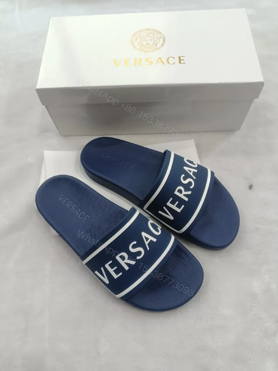 View 2 of Bold Navy Leather Slide: Luxe Logo Strap Comfort Slides