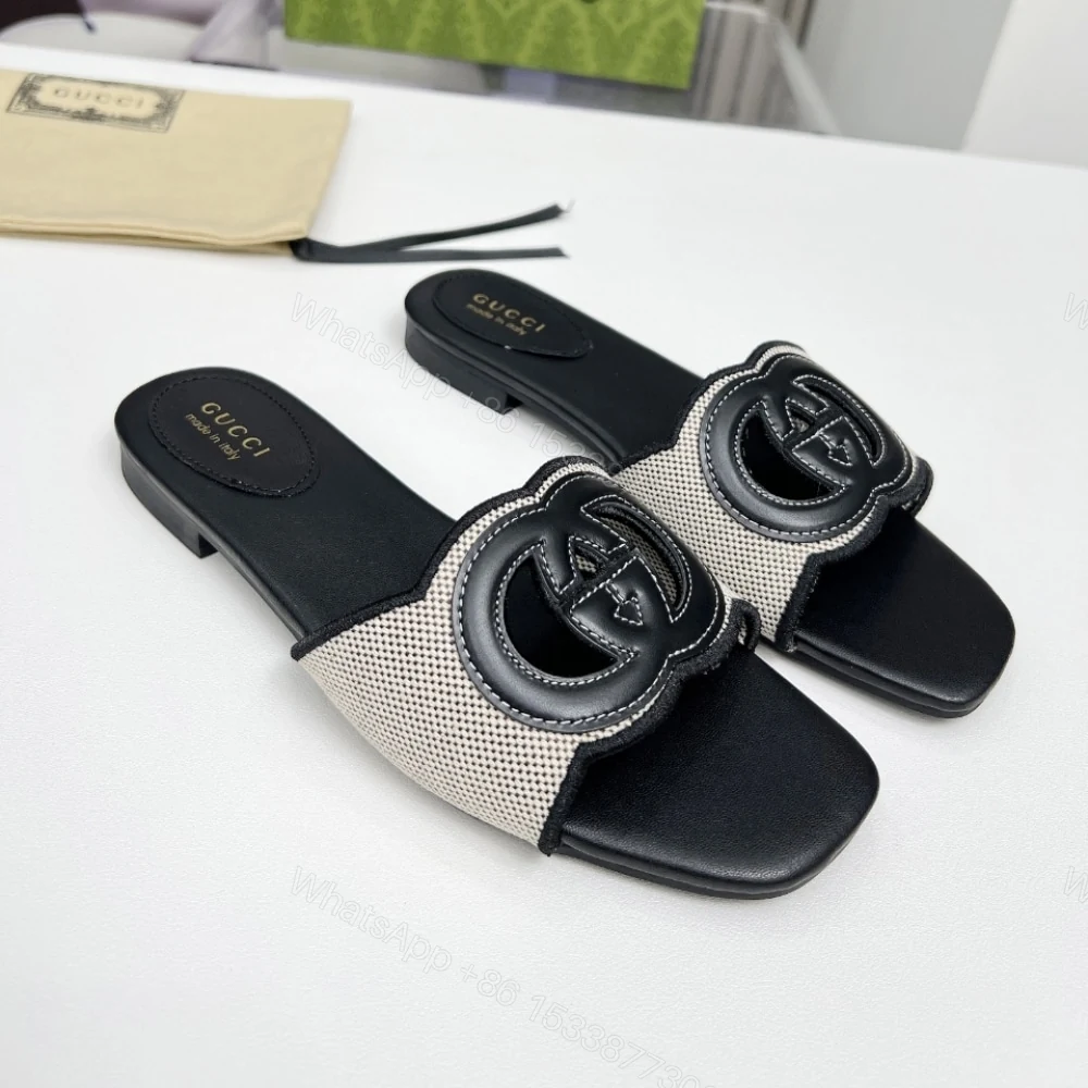 View 2 of GUCCI WOMEN’S INTERLOCKING G SLIDE SANDAL BLACK WHITE 835723 FAEA0 8543