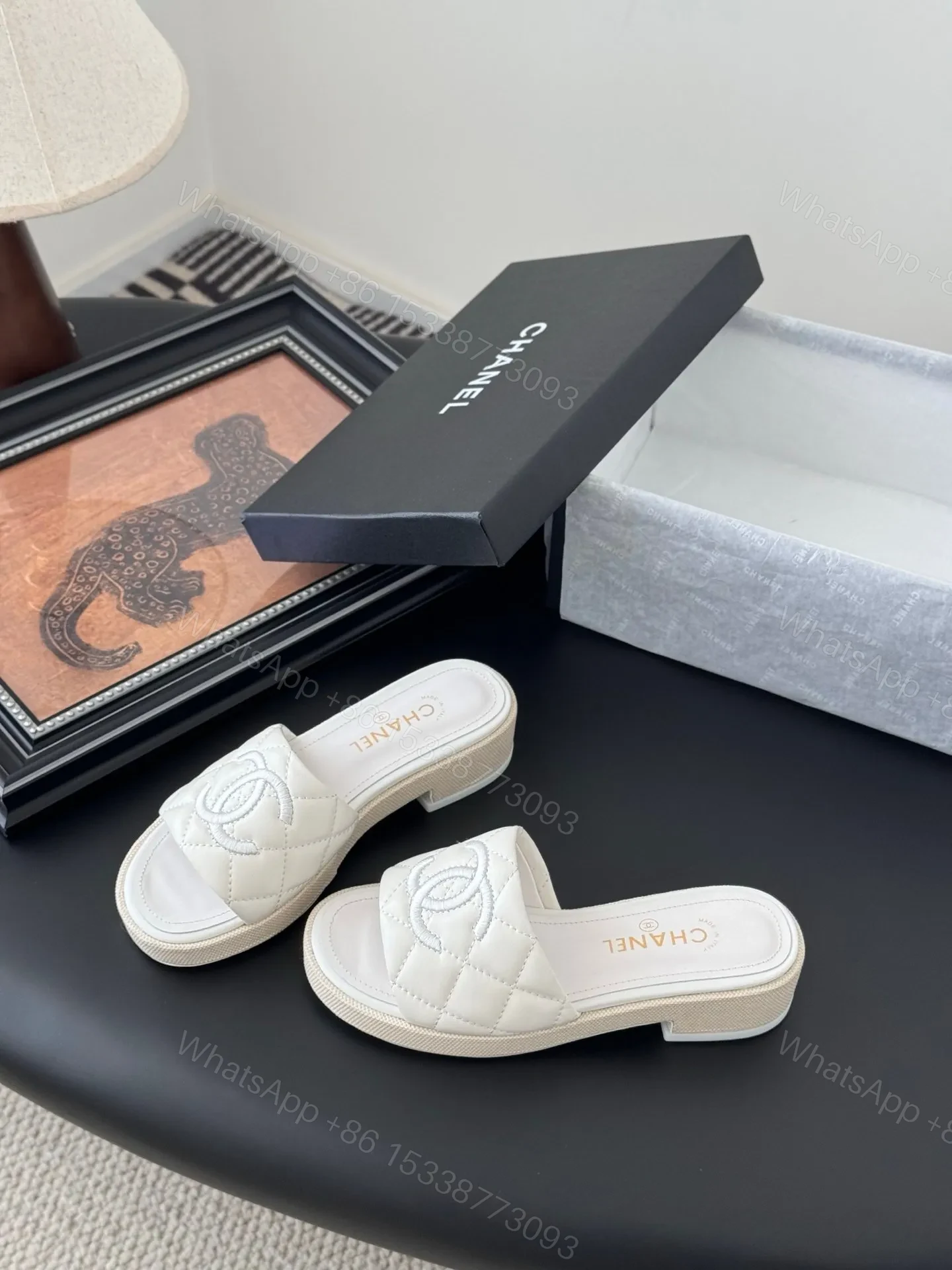 View 2 of Chanel Women White Quilted Leather Slides