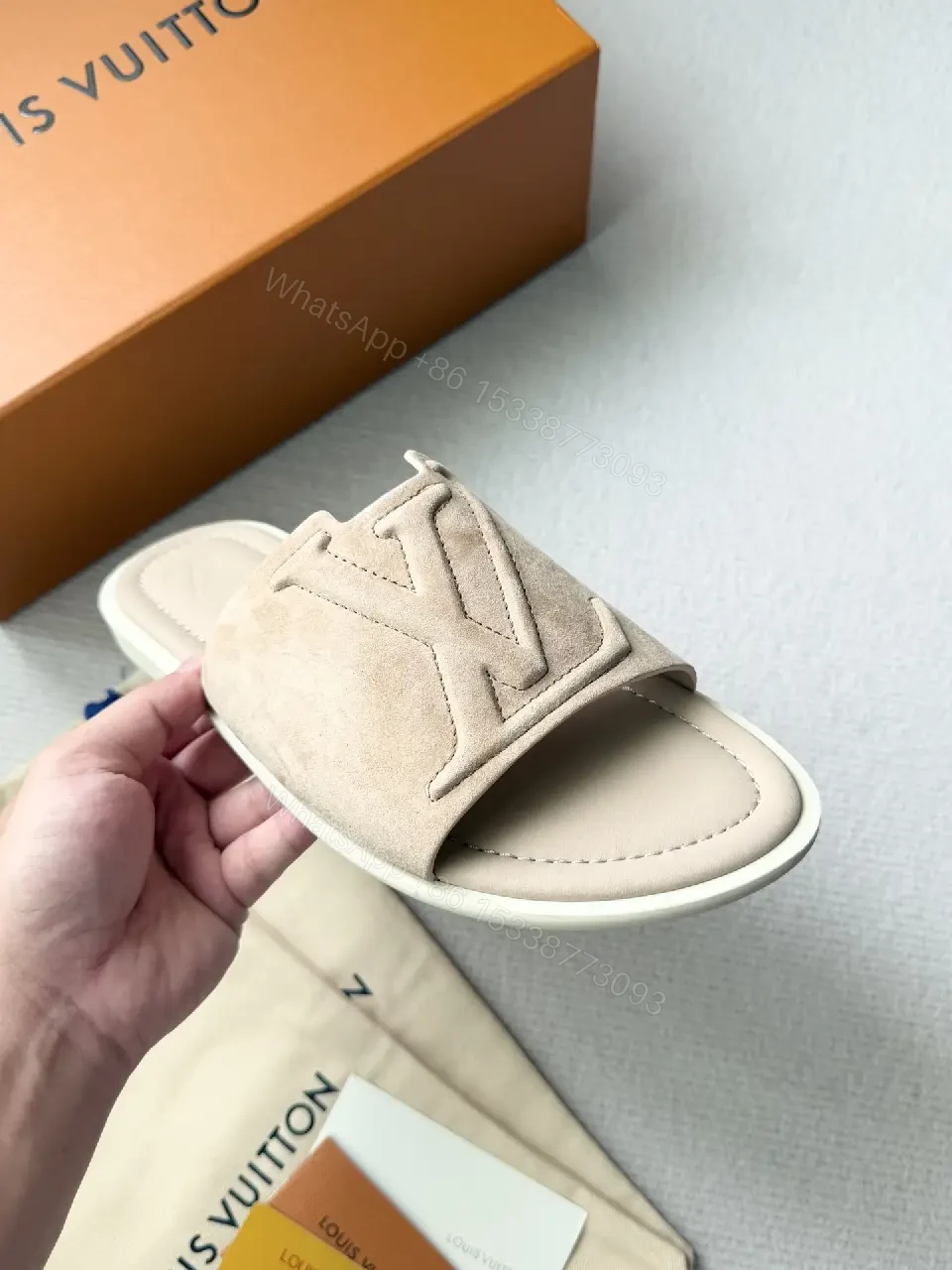 View 9 of Soft-Tone LV-Inspired Suede Slip-On Sandal with Cushioned Footbed