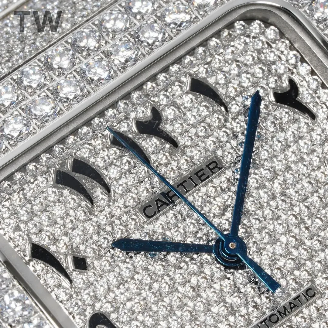 View 3 of K11 Factory Cartier Santos Large Diamond Bezel Full Diamond Set Watch – Silver with Blue Hands, Automatic Movement, 40mm Stainless Steel Case, Sapphire Crystal, QuickSwitch Strap System