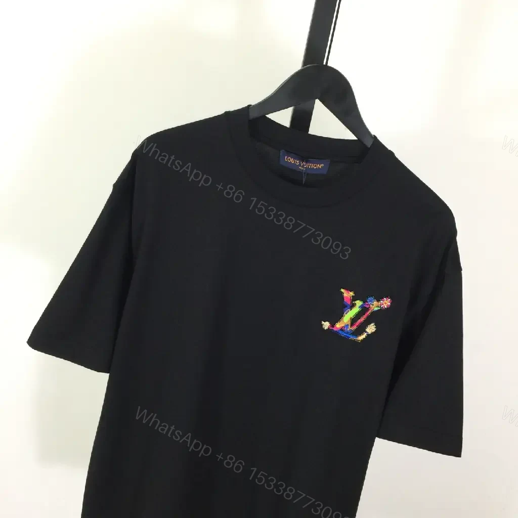 View 4 of Black Cotton Crew-Neck Tee with Multicolor LV Embroidery