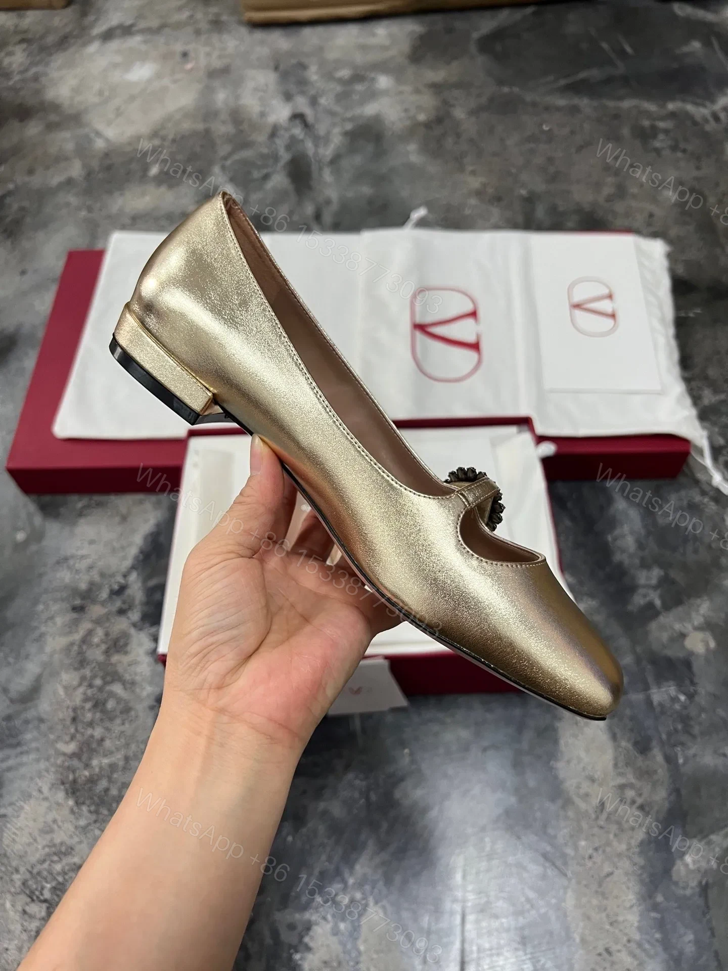 View 5 of Valentino Women Gold Leather Embellished Flats