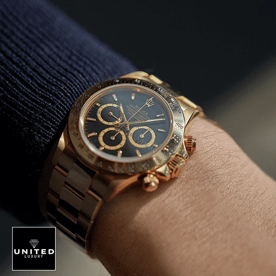 View 8 of Rolex Daytona Cosmograph Yellow Gold Black Dial 16528 Oyster Replica