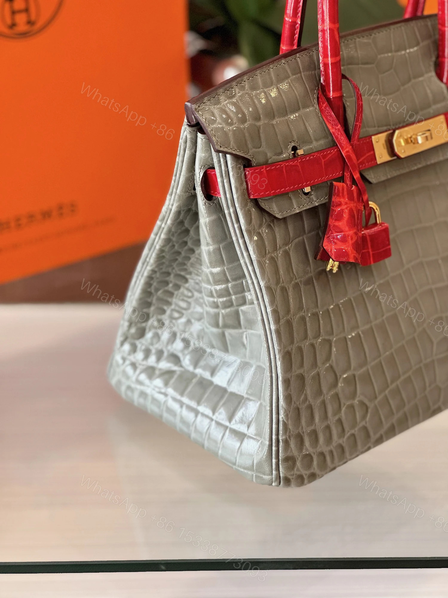 View 4 of Hermes Birkin Genuine Crocodile Leather Gray and Red Custom Made