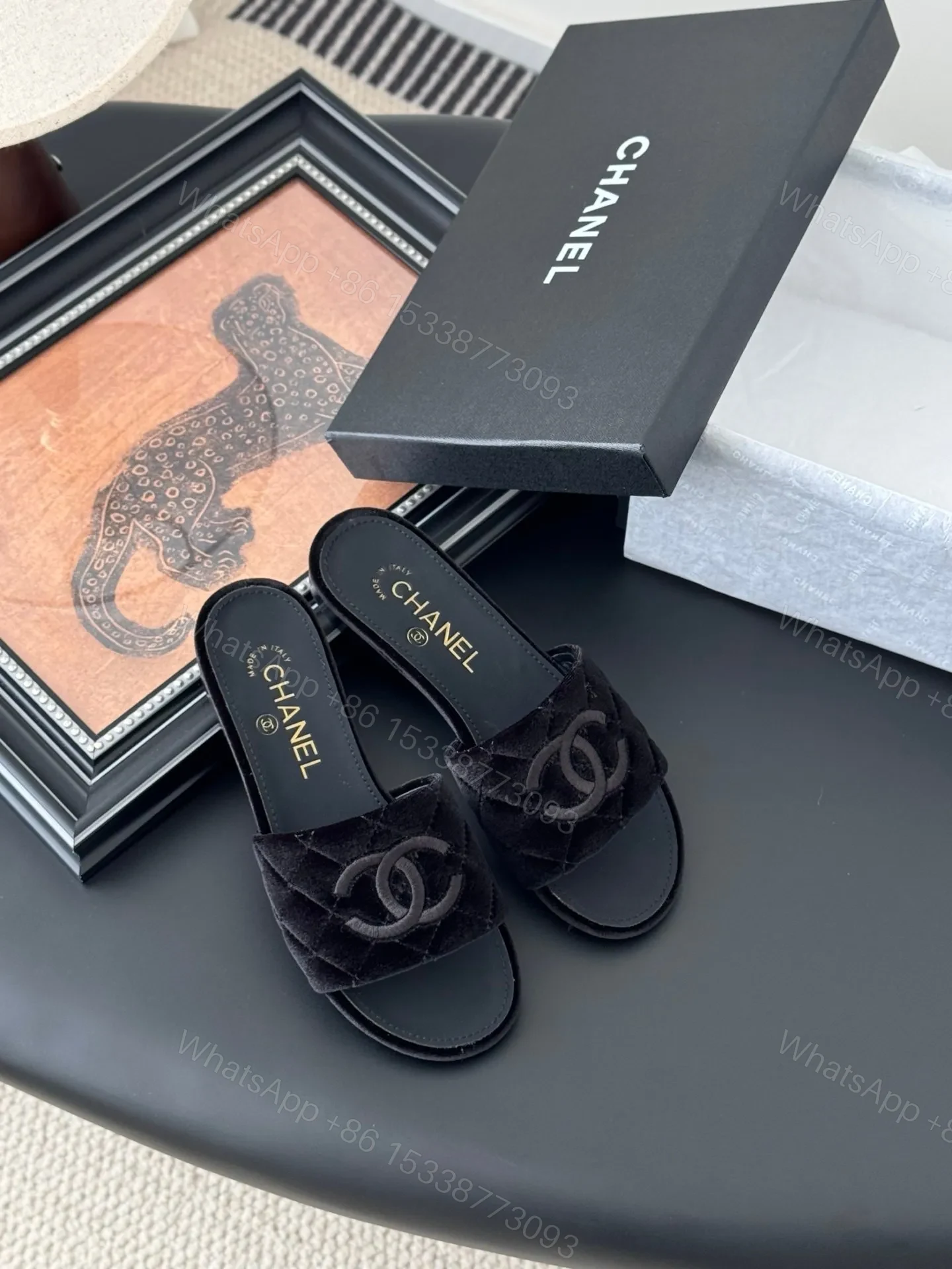 View 6 of Chanel Women Black Velvet Quilted Slides