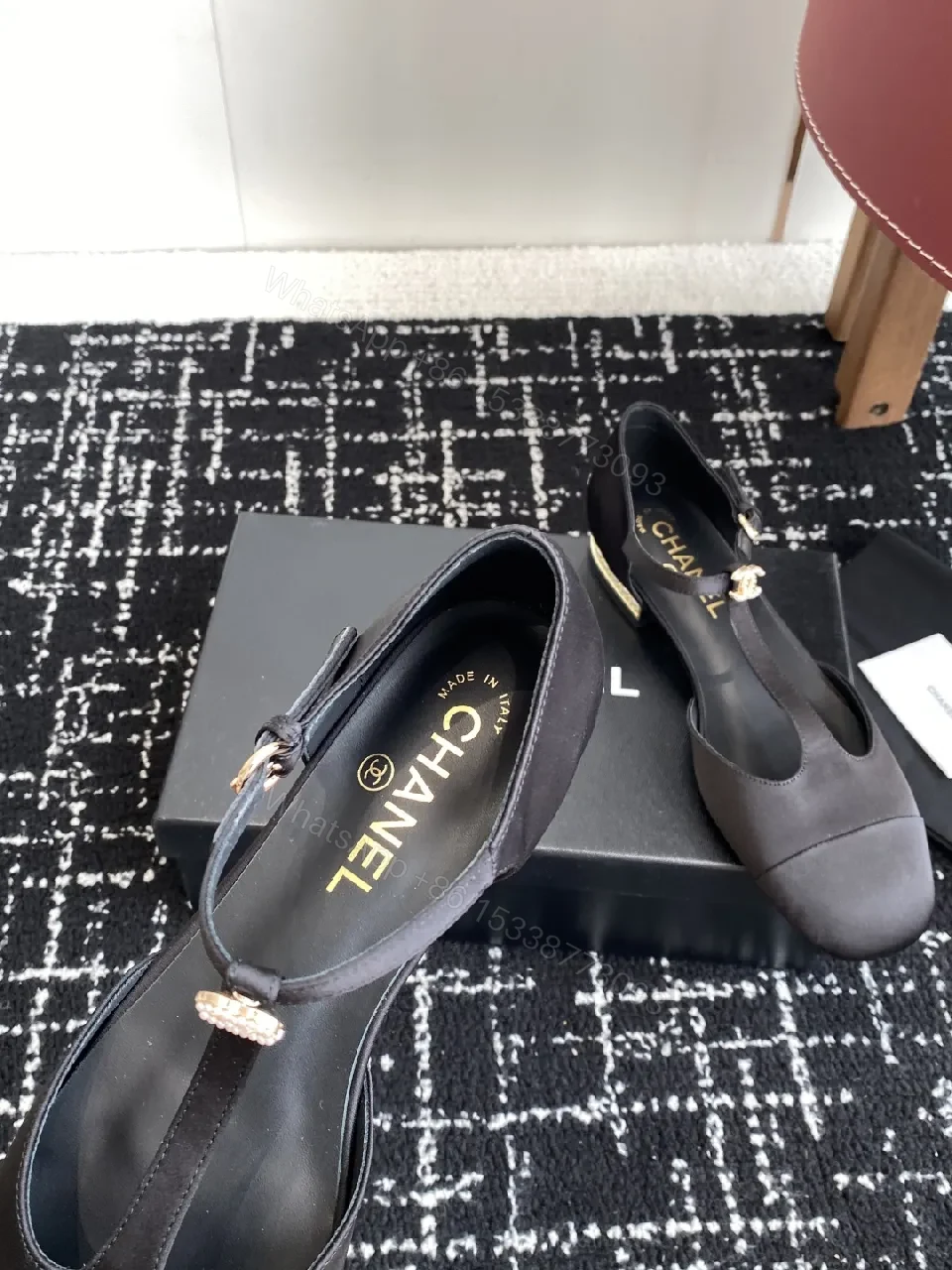View 8 of Black Satin Mary-Jane Heels with Gold Signature Hardware