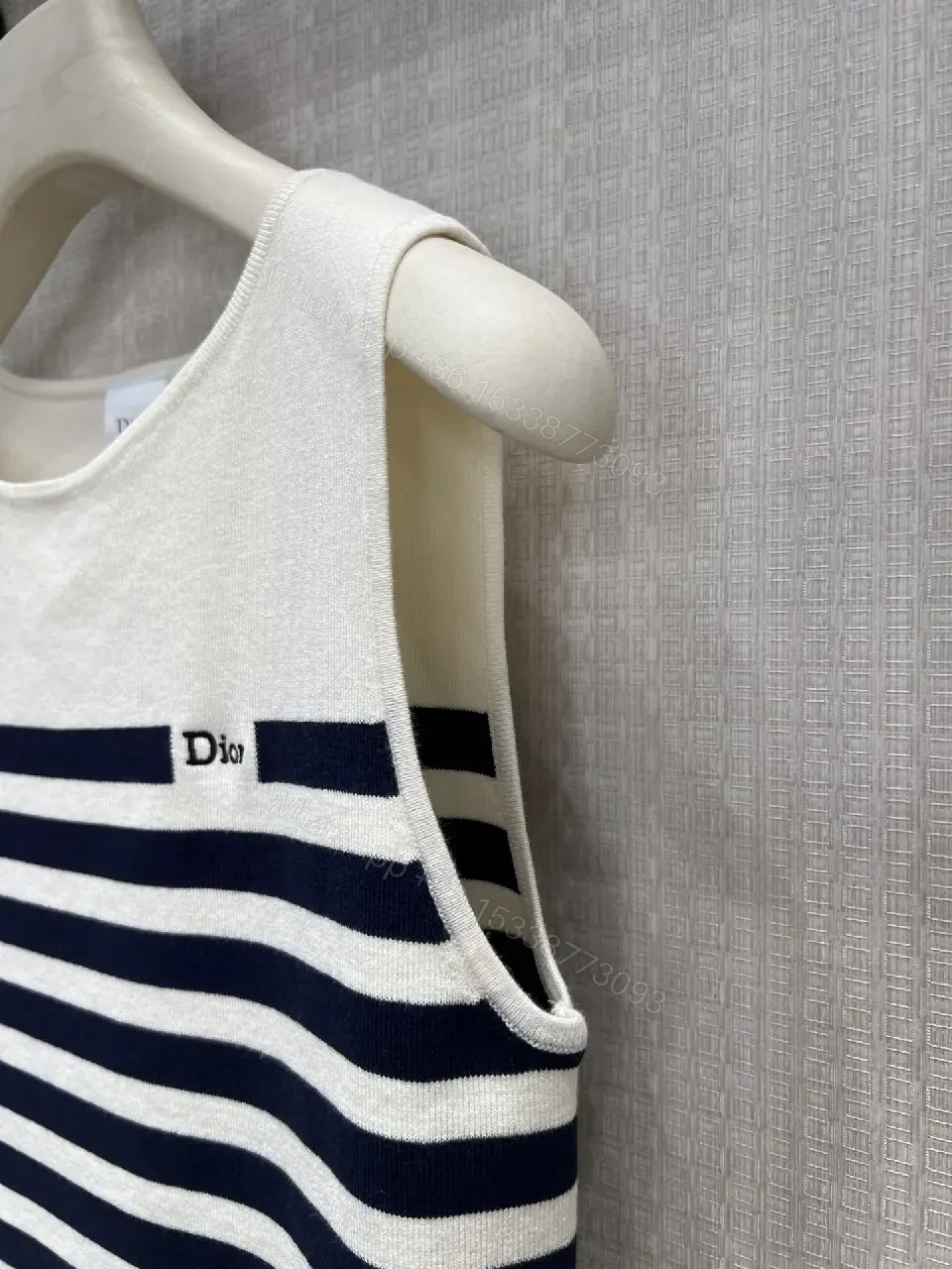View 10 of White Navy Stripe Sleeveless Knit Tank Top - Dior Logo Patch Upgrade