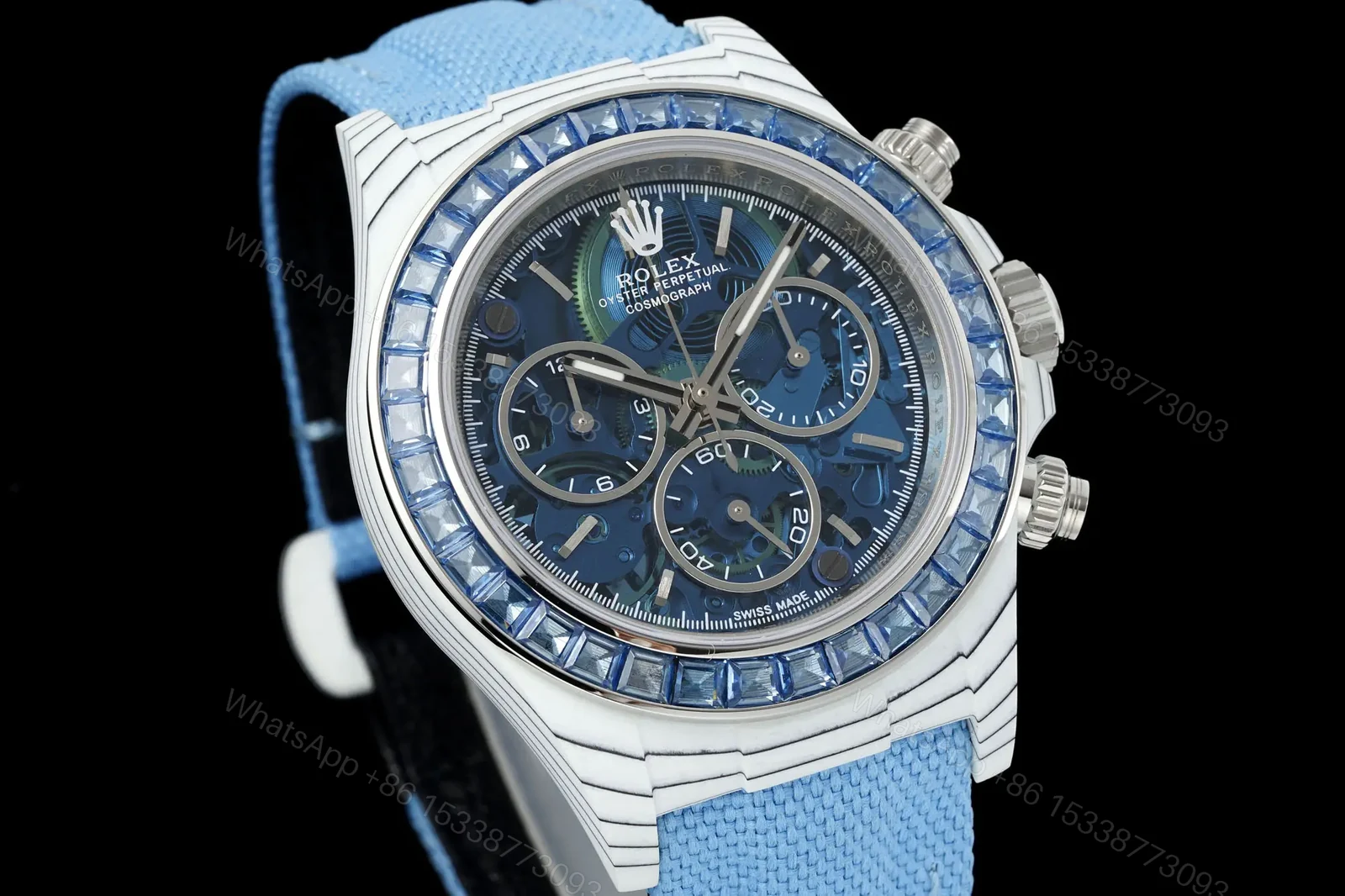 View 2 of Rolex Daytona 40mm Carbon Fiber Blue Skeleton Dial Blue Bezel Strap Watch RLX-DAY-CARBON-40-BLU-BEZ