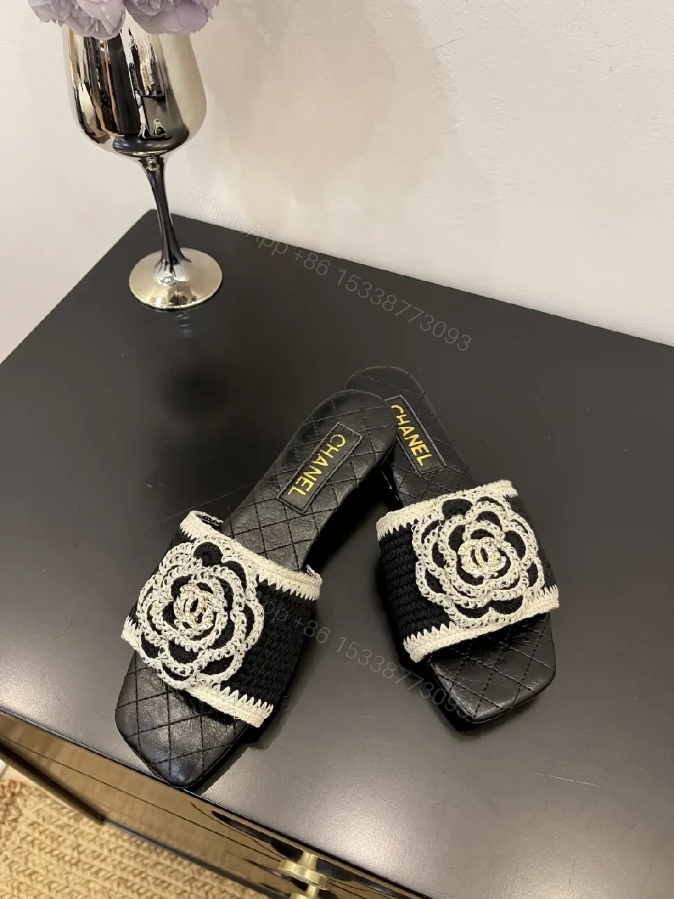 View 3 of Black Quilted Slide with Crochet Camellia Detail - Open-Toe Comfort