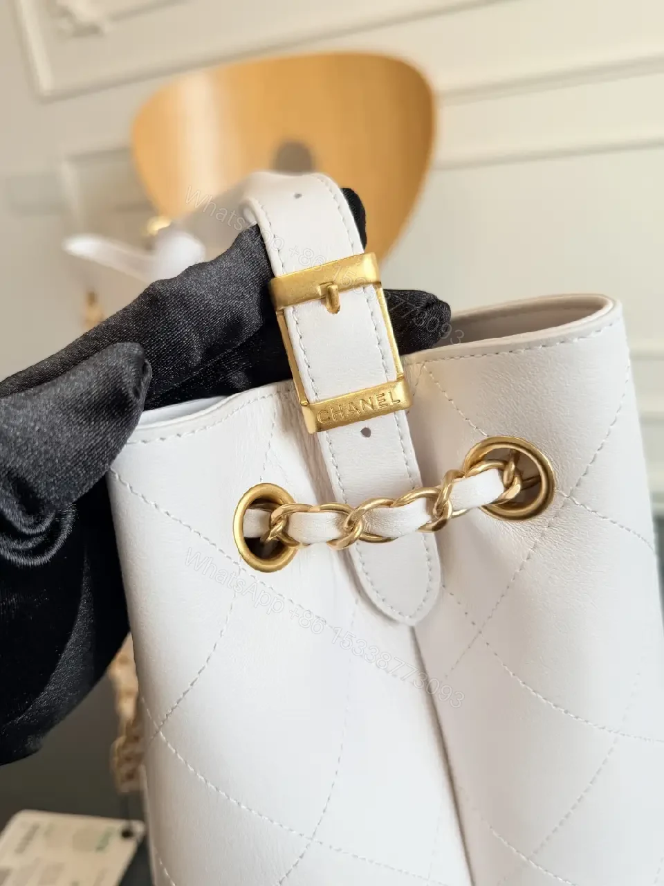 View 11 of White Quilted Tote, Gold Chain, Structured, Luxury Everyday Tote