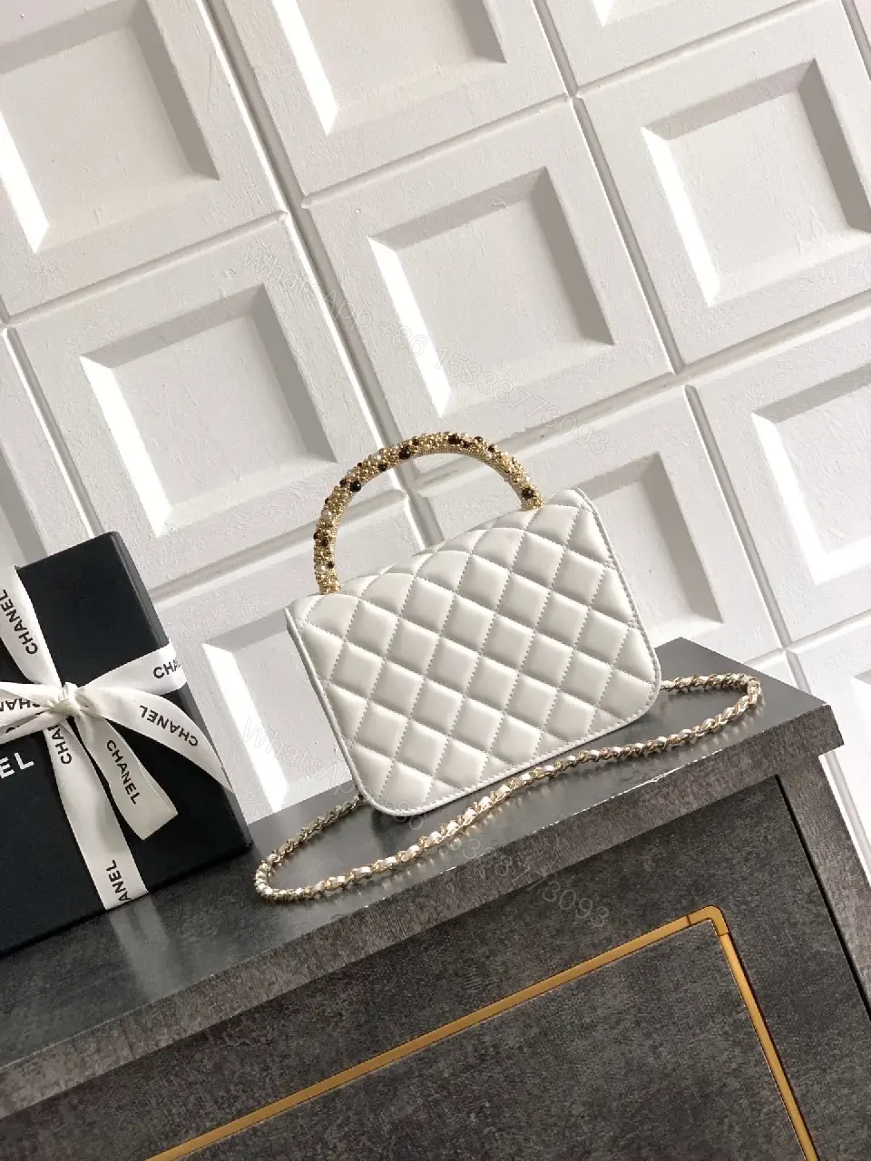 View 2 of Pearl-Chain Quilted Mini Bag - White Leather, Gold Accent, Crossbody Compact