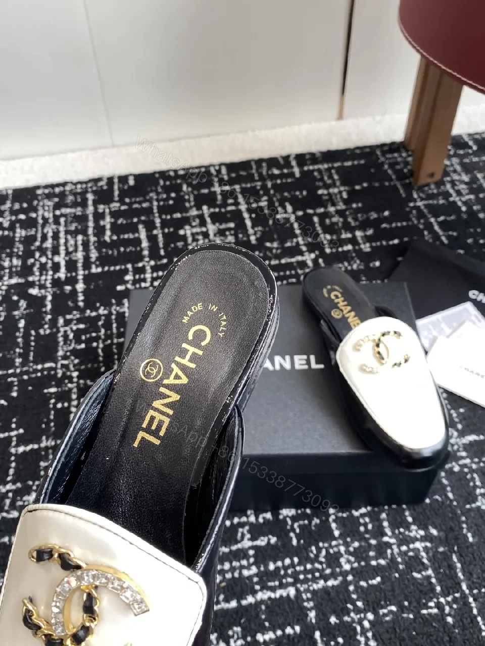 View 5 of Ivory-Black Leather Mules: Gold-C Logo Slip-Ons