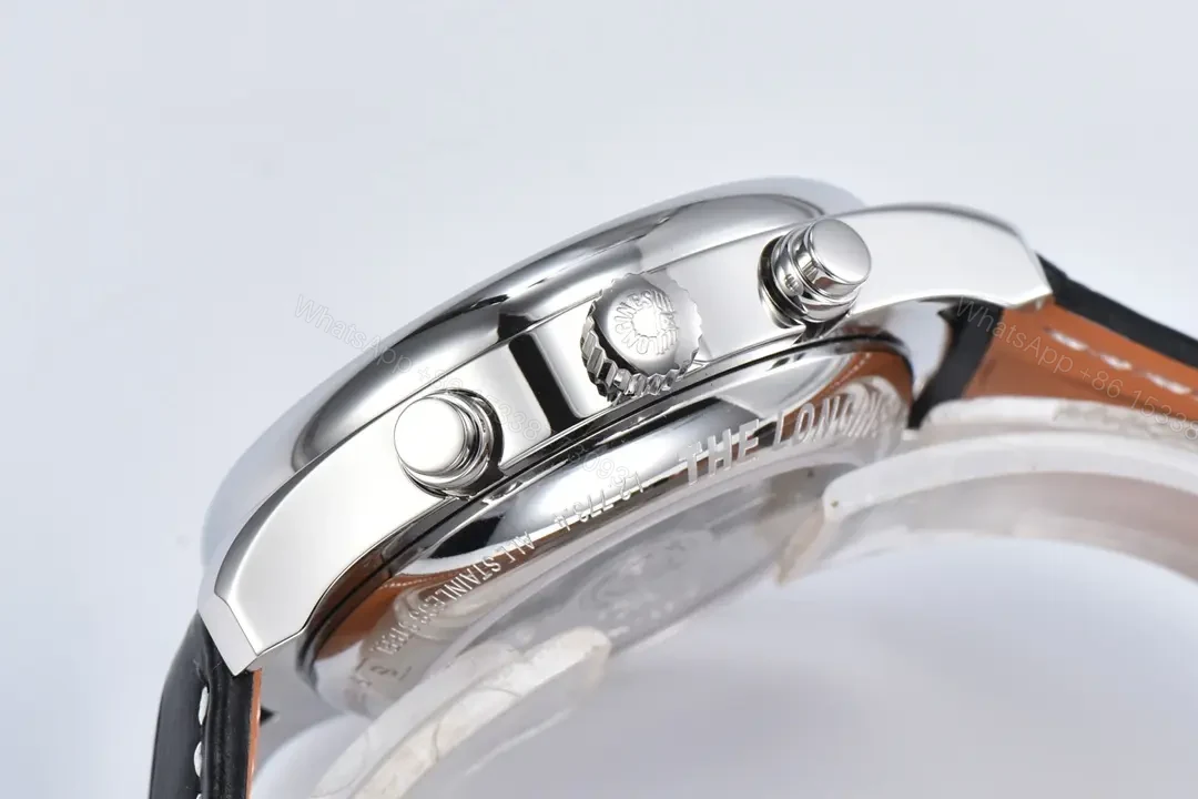View 6 of Longines Master Collection Moonphase Chronograph Watch Red Dial Stainless Steel Case Black Leather Strap 42mm
