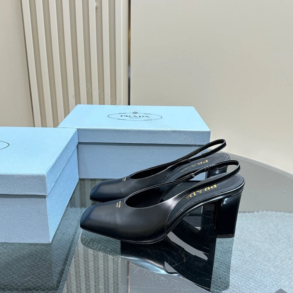 高仿Prada*1I838M方頭粗踭露跟鞋8.5CM小牛皮黑色免檢版 — view 1