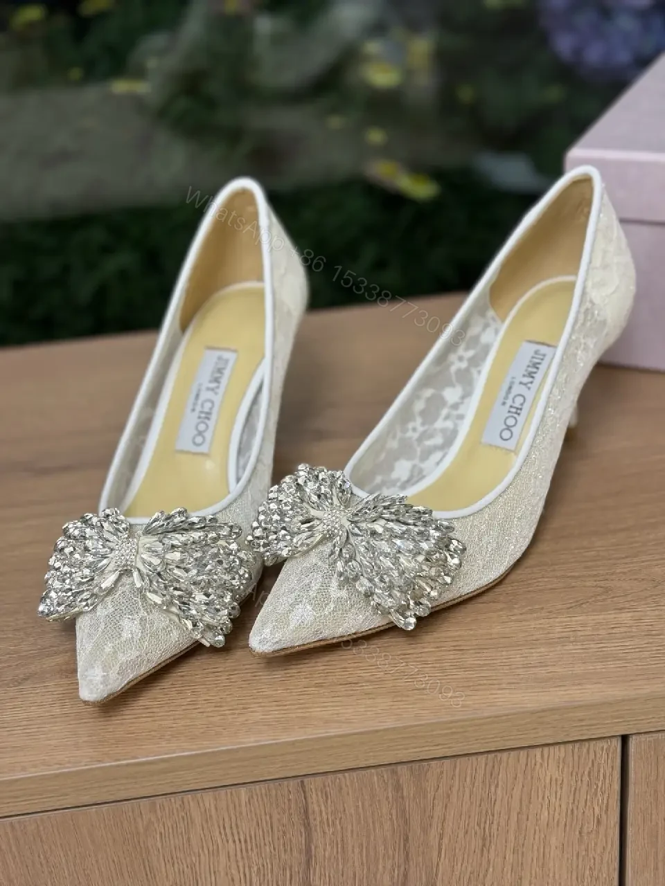View 2 of Champagne Lace Pumps: Crystal Toe Embellishment, Elegant Pointed-Toe